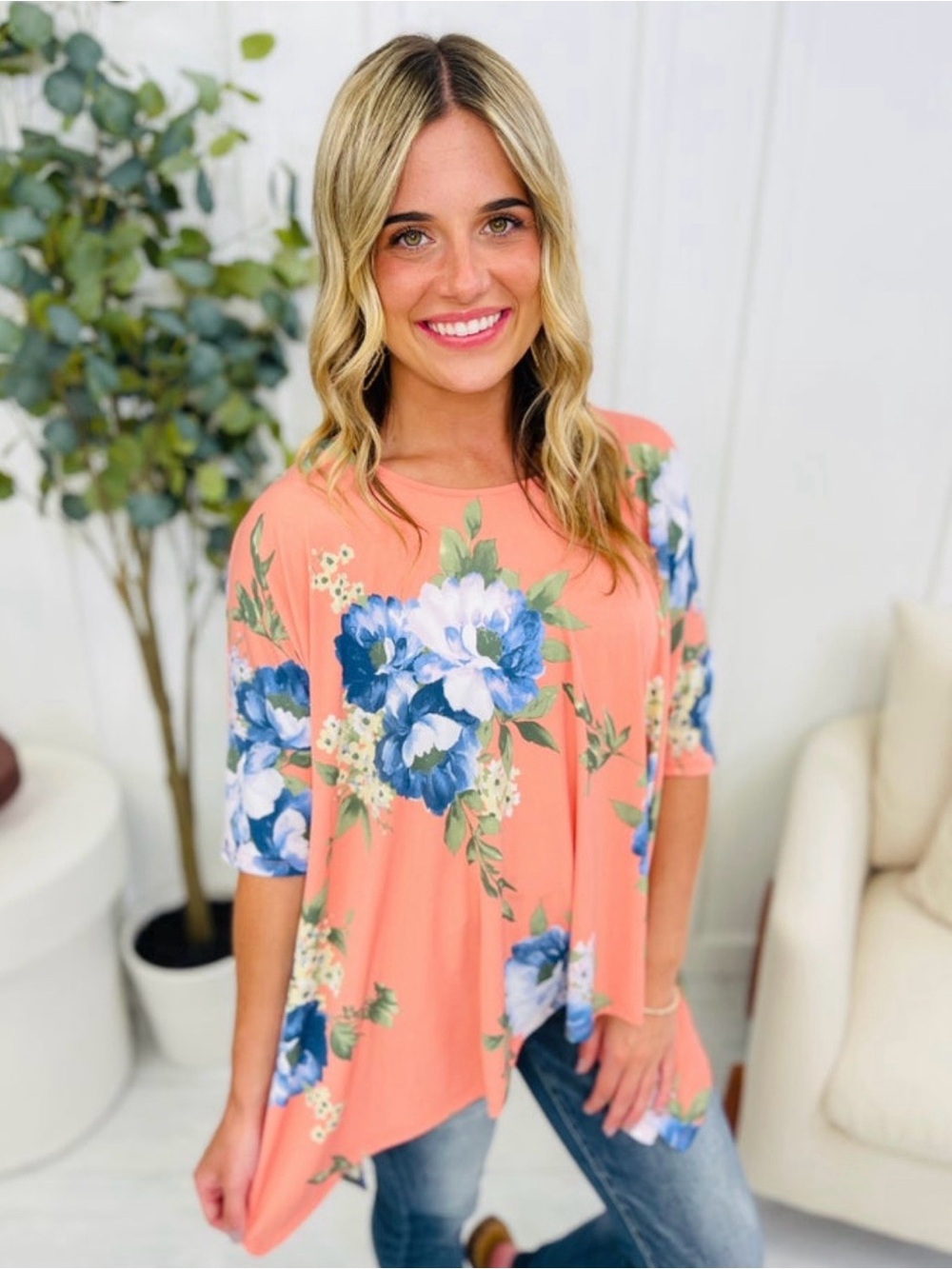 Floral Scoop Neck Tunic Top - Coral with Blue Floral NWOT